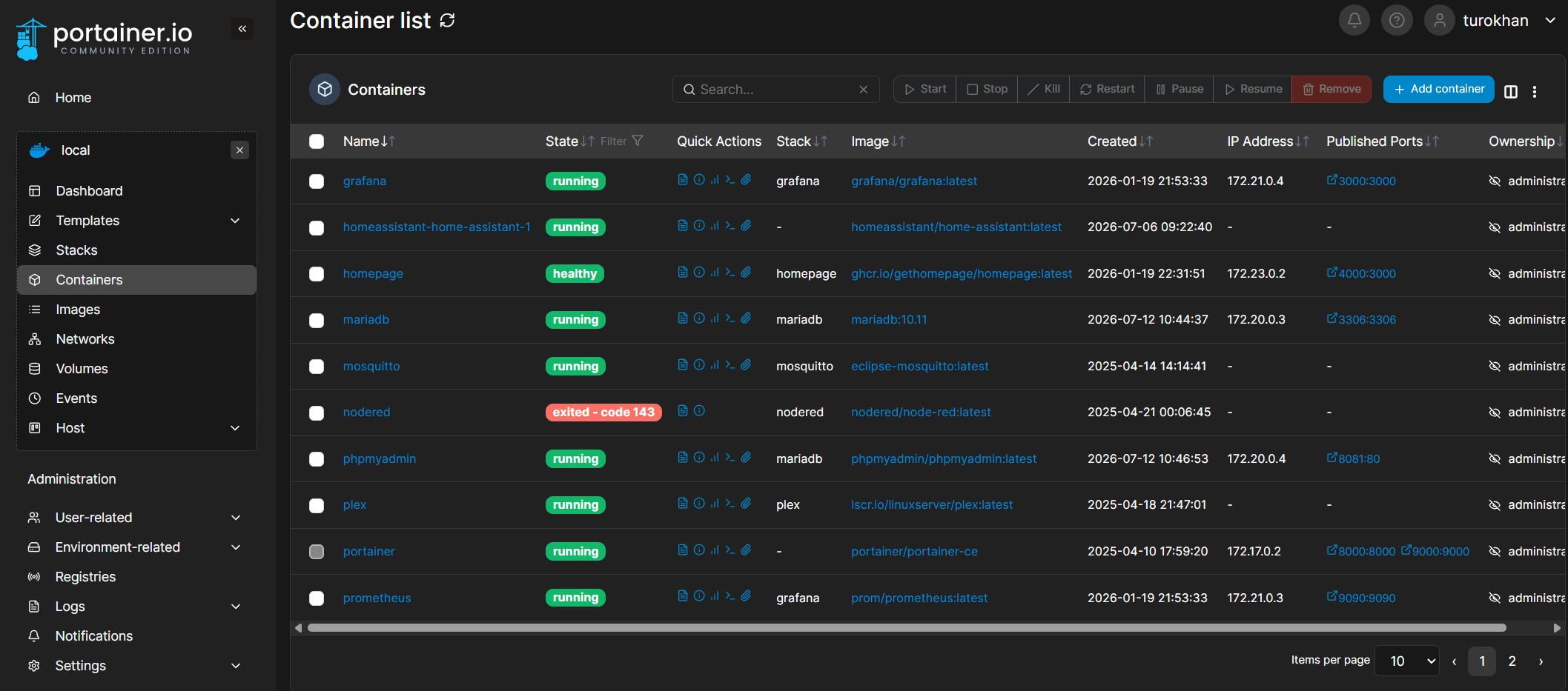 Portainer container list showing Home Assistant running alongside other Realm Labs services