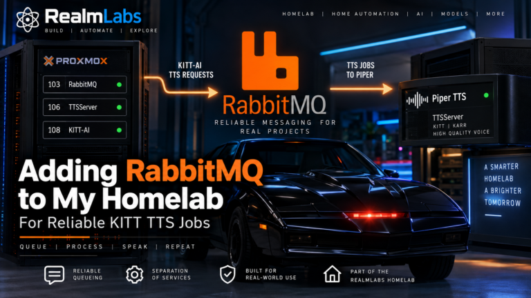 RealmLabs RabbitMQ homelab architecture showing KITT-AI sending queued TTS jobs through RabbitMQ to a Piper TTS server.