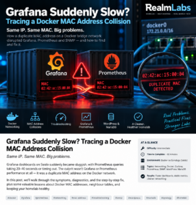 Grafana and Prometheus Docker containers showing a duplicate MAC address collision on a Synology-hosted bridge network.