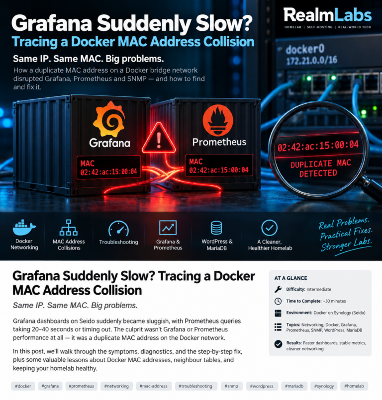 Grafana and Prometheus Docker containers showing a duplicate MAC address collision on a Synology-hosted bridge network.