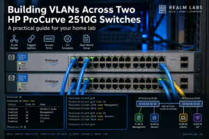 Two HP ProCurve 2510G switches configured with VLANs and a tagged inter-switch uplink in a home lab