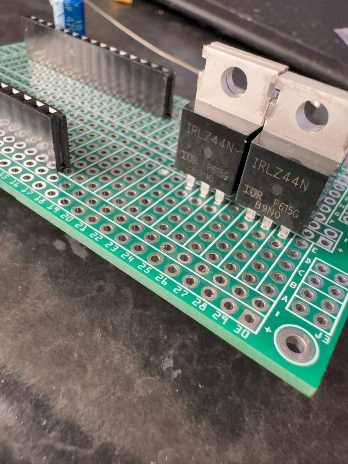IRLZ44N MOSFETs fitted to the ESP32 model lighting controller prototype board