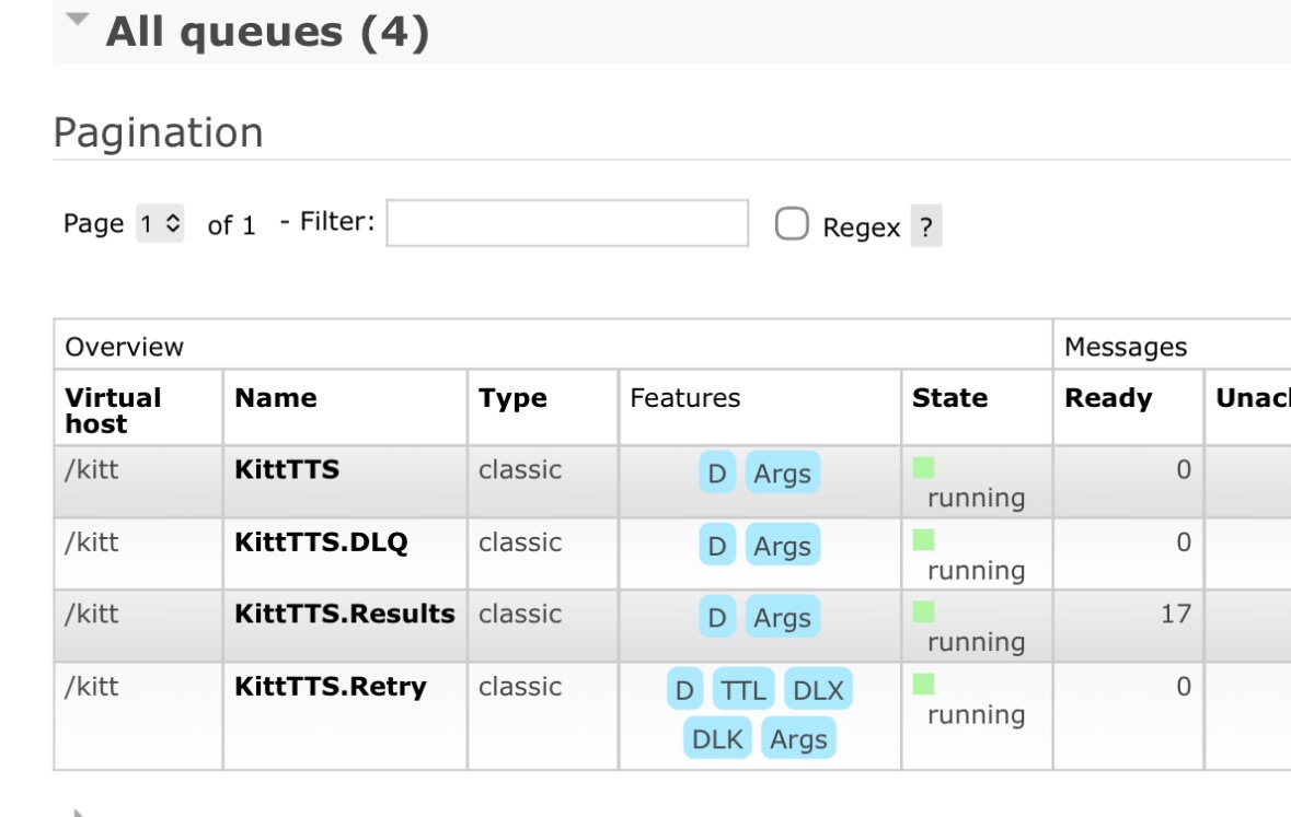 RabbitMQ management interface showing the KITT exchange and TTS routing configuration.