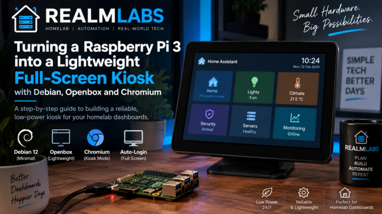 Raspberry Pi 3 running a full-screen homelab dashboard kiosk with Debian, Openbox and Chromium