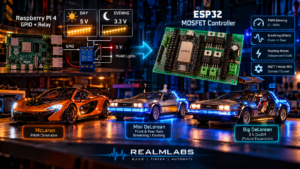 RealmLabs featured image showing the evolution from Raspberry Pi relay control to an ESP32 MOSFET model lighting controller