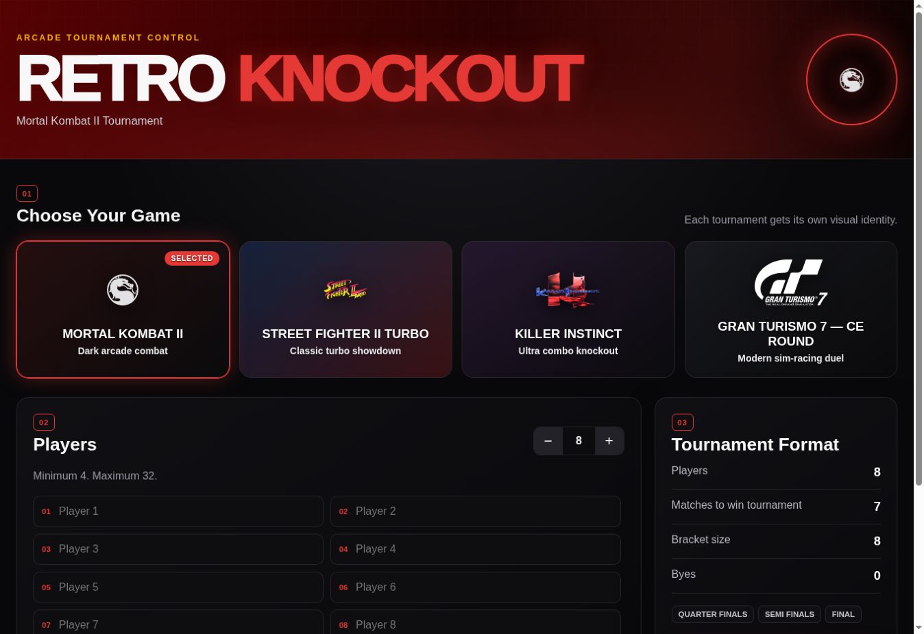 Retro Knockout game selection and player setup screen