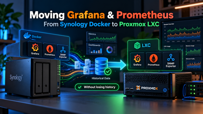 Grafana and Prometheus migration from Synology Docker to Proxmox LXC, preserving dashboards and historical monitoring data