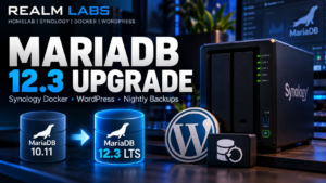 MariaDB 10.11 to 12.3 LTS upgrade on Synology NAS with WordPress and backup imagery