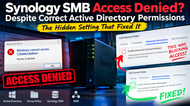 Synology NAS SMB Access Denied troubleshooting showing Advanced Share Permissions setting and fix